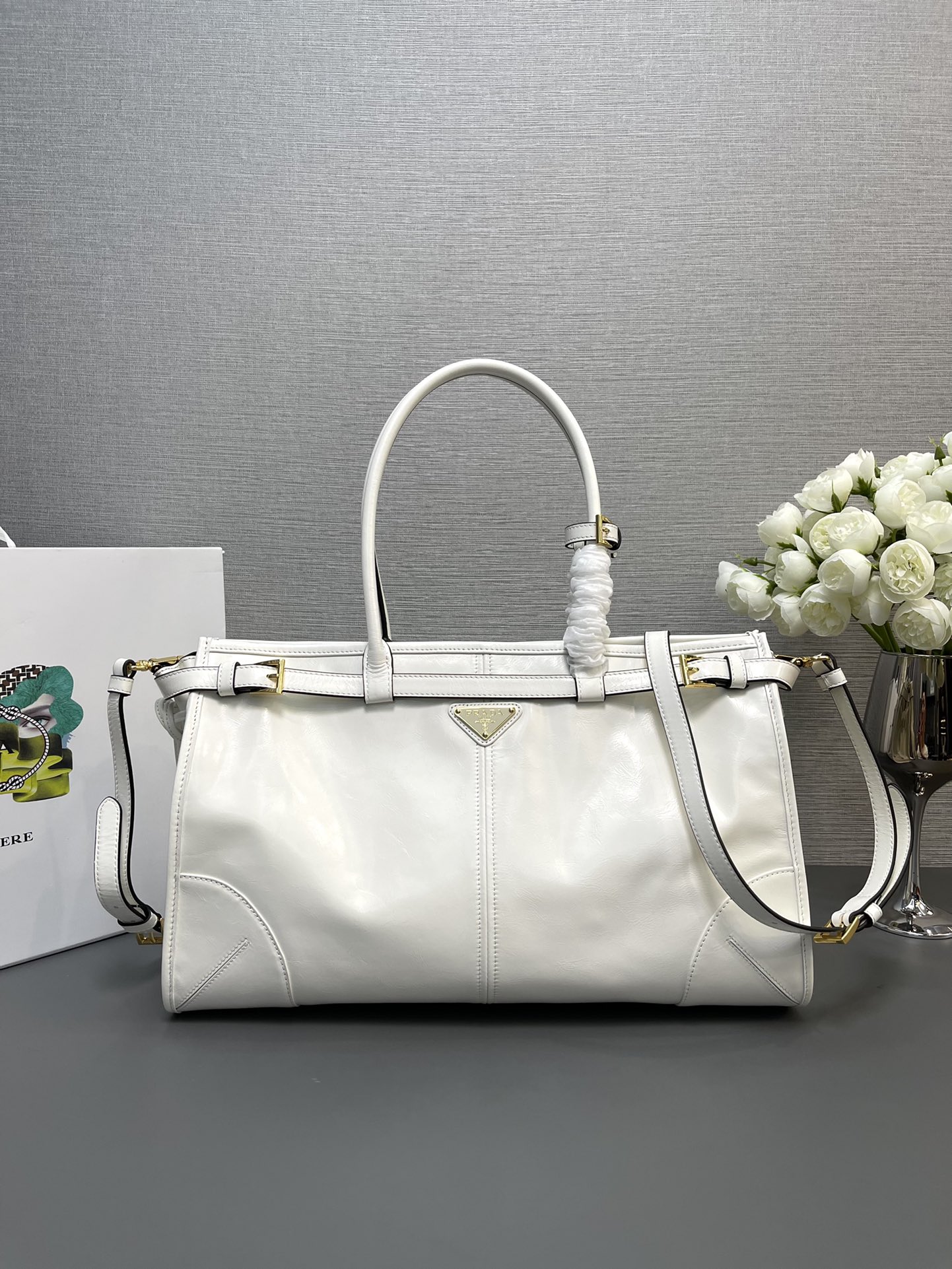 Prada Large LusSolf Leather Handbag Bag Tote White 1BA433